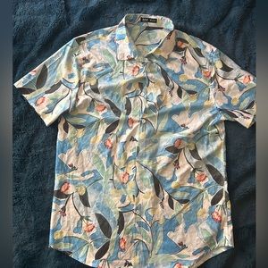 ROMWE Blue Button Up Short Sleeve Men's Shirt - Size M - Blue Floral Hawaiian